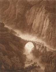 Teufelsbrücke in der Schöllenenschlucht auf dem Weg über den Gotthardpass mit einem Maultierzug, vor 1805